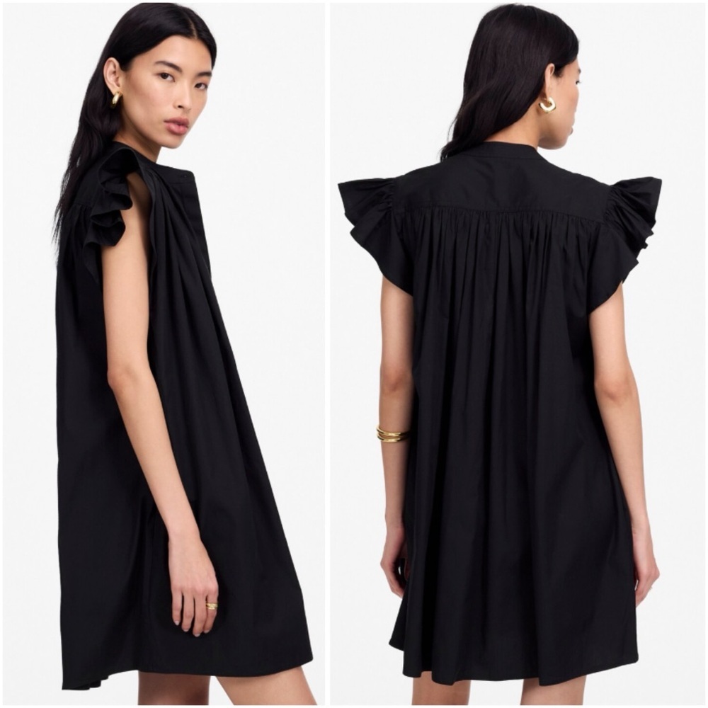 Madewell Flutter Sleeve Button-Front Mini Dress in Poplin Jet Black Size XS NWT - Picture 2 of 12